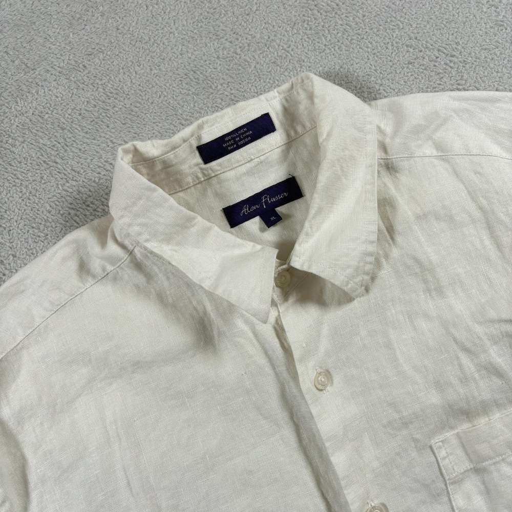 Alan‎ Flusser Shirt Mens XL White Linen Short Sleeve Casual Beach Wear Button Up